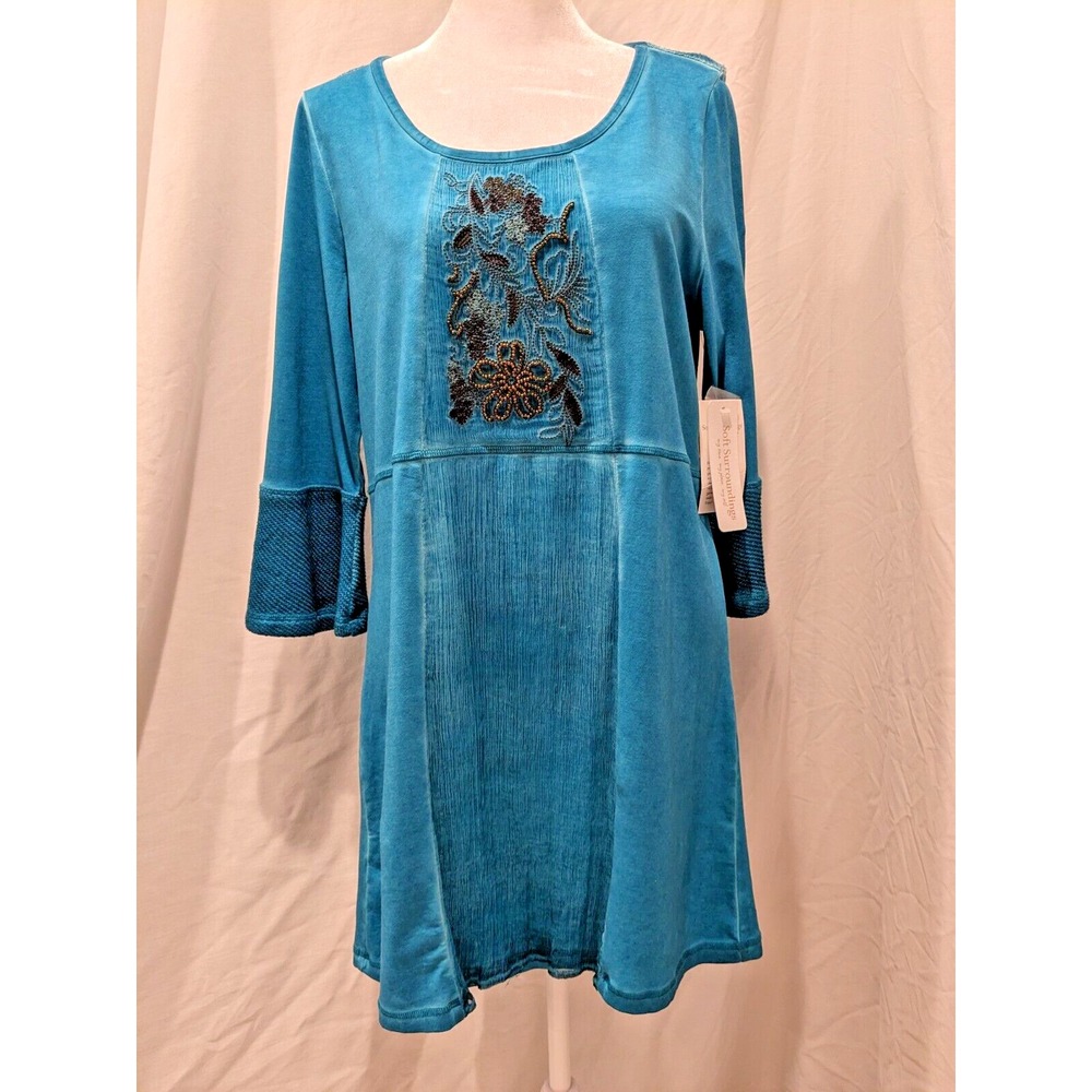 NWT Soft Surroundings Beaded Embroidered Tunic Top Teal Silk Trim Womens Small